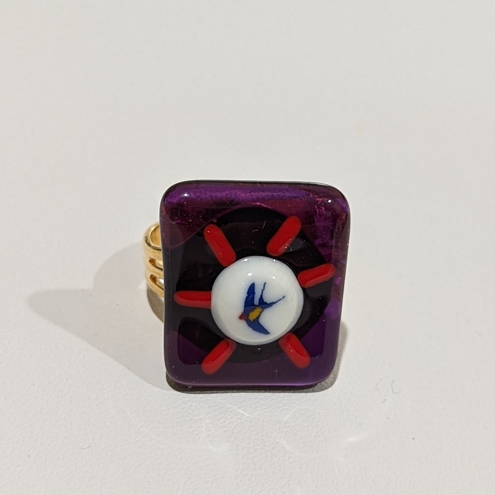 Artisan Handmade purple glass bird animal print statement ring